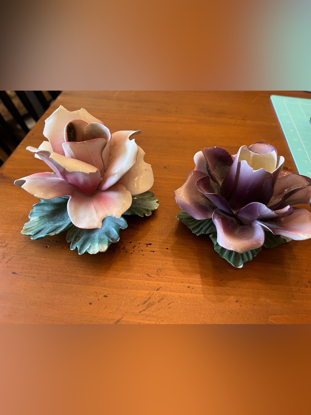 Vintage Italian Porcelain Flower Candle Holders in Pink and Purple - Capodimonte
